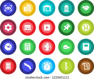 Round color solid flat icon set - alarm clock vector, crisis graph, earth, network, play button, settings, copybook, drawing pin, office building, pie, tie, archive box, contract, house with garage