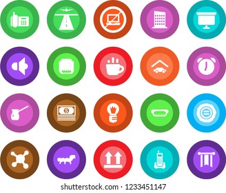 Round color solid flat icon set - runway vector, no laptop, presentation board, coffee, bulb, stamp, caterpillar, molecule, cash, office phone, up side sign, speaker, hdmi, alarm, garage, city house