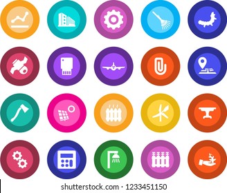 Round color solid flat icon set - plane vector, gear, rake, axe, caterpillar, navigation, satellite, calculator, paper clip, point graph, sun panel, office building, table, heater, radiator