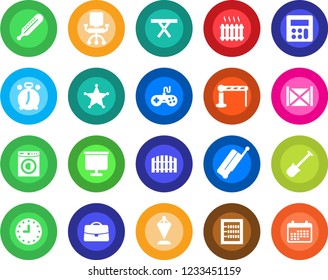 Round color solid flat icon set - suitcase vector, barrier, alarm clock, pennant, shovel, picnic table, thermometer, container, gamepad, calculator, case, presentation board, abacus, fence, washer