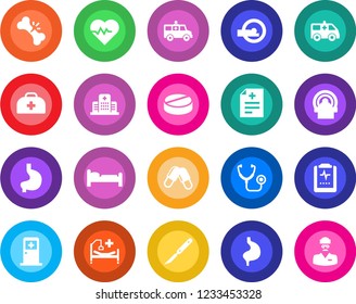 Round color solid flat icon set - bed vector, medical room, heart pulse, doctor case, diagnosis, stethoscope, pills, scalpel, tomography, ambulance car, hospital, stomach, broken bone, clipboard