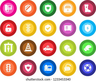 Round color solid flat icon set - security gate vector, alarm car, border cone, safe, glove, boot, hose, heart shield, traffic light, protect, lock, intercome, home, crisis management