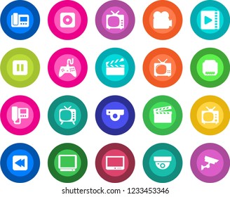 Round color solid flat icon set - clapboard vector, tv, gamepad, video camera, pause button, rewind, rec, hdmi, web, intercome, surveillance