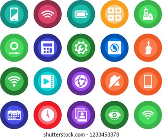 Round Color Solid Flat Icon Set - Term Vector, Cell Phone, Radio, Mobile, Themes, Calculator, Clock, Network, Wireless, Mute, Brightness, Compass, Eye Id, Video, Photo Gallery, Battery, Application