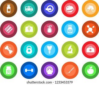 Round color solid flat icon set - doctor case vector, molecule, microscope, pills, bottle, blister, ampoule, scalpel, tomography, ambulance car, barbell, implant, broken bone, diet, virus, heavy