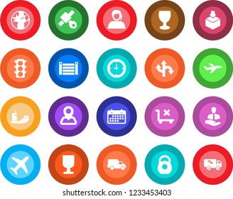 Round color solid flat icon set - route vector, navigation, earth, plane, satellite, traffic light, support, client, sea shipping, car delivery, clock, term, container, fragile, no trolley, package