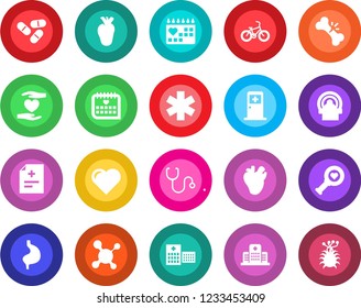 Round color solid flat icon set - medical room vector, heart, diagnosis, molecule, stethoscope, diagnostic, pills, tomography, ambulance star, bike, hand, stomach, real, broken bone, calendar, virus