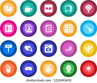 Round color solid flat icon set - elevator vector, document reload, flower in pot, rake, plant label, heart diagnostic, route, tv, record, photo gallery, application, pool, fruit tree, coffee, salad