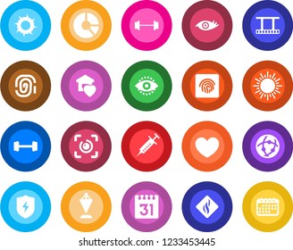Round color solid flat icon set - sun vector, pennant, circle chart, heart, syringe, barbell, eye, film frame, protect, network, calendar, id, fingerprint, sweet home, smoke detector