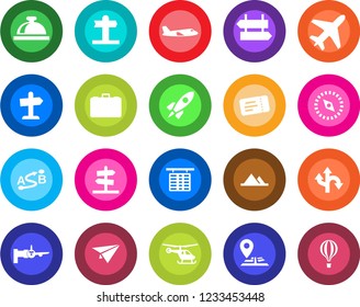Round color solid flat icon set - plane vector, signpost, ticket, reception bell, boarding, helicopter, flight table, case, route, navigation, compass, mountains, rocket, paper, guidepost