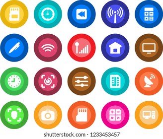 Round color solid flat icon set - antenna vector, calculator, pen, clock, satellite, camera, monitor, rewind, tuning, sd, sim, wireless, face id, eye, cellular signal, smart home, pc