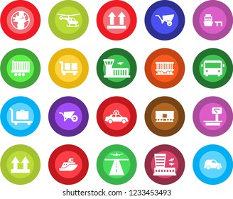 Round color solid flat icon set - runway vector, baggage trolley, airport bus, alarm car, helicopter, building, wheelbarrow, earth, railroad, sea shipping, truck trailer, port, cargo, up side sign