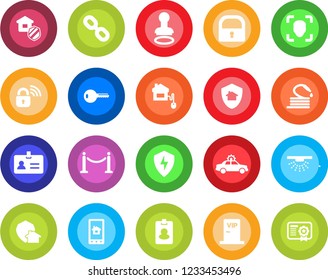 Round color solid flat icon set - fence vector, alarm car, identity, stamp, hose, chain, protect, lock, face id, key, estate insurance, vip zone, home control, wireless, app, pass card, sprinkler