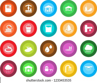 Round color solid flat icon set - bucket vector, water drop, rain, well, hose, pond, drip irrigation, sea shipping, port, warehouse, pool, bathroom, drink, heater, sprinkler