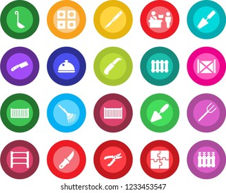 Round color solid flat icon set - passport control vector, trowel, farm fork, rake, pruner, garden knife, scalpel, cargo container, rack, application, dish, ladle, radiator