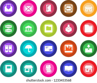 Round color solid flat icon set - shop vector, book, store, container, umbrella, package, mail, scanner, folder, copybook, open close, garage gate control, door, storefront