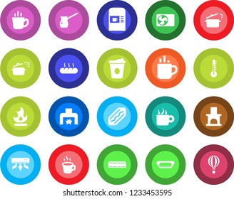 Round color solid flat icon set - hot cup vector, coffee machine, fire, fireplace, air conditioner, bread, dog, steaming pan, turkish, thermometer, balloon