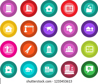 Round color solid flat icon set - barrier vector, airport building, office, wheelbarrow, saw, house, hospital, with garage, tree, plan, estate document, sweet home, city, crane, message
