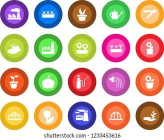 Round color solid flat icon set - factory vector, flower in pot, seedling, watering can, pruner, pumpkin, greenhouse, pond, garden sprayer, tulip, palm sproute