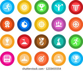 Round color solid flat icon set - dispatcher vector, pedestal, pennant, medal, run, stopwatch, target, motivation, award cup