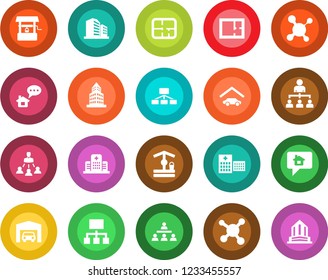 Round color solid flat icon set - hierarchy vector, well, molecule, hospital, office building, garage, plan, home message