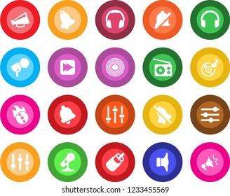 Round color solid flat icon set - vinyl vector, flame disk, microphone, radio, speaker, loudspeaker, settings, headphones, fast forward, rca, tuning, bell, mute, music, advertising