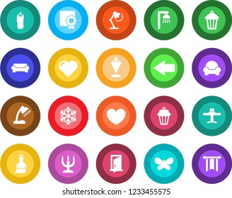 Round color solid flat icon set - left arrow vector, pennant, butterfly, garden light, heart, themes, sertificate, desk lamp, cushioned furniture, restaurant table, candle, snowflake, outdoor, door