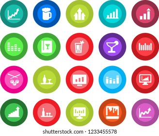 Round color solid flat icon set - growth statistic vector, monitor, barcode, equalizer, scanner, statistics, bar graph, alcohol, wine card, cocktail, phyto, beer, sushi, arrow up