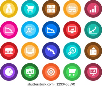 Round color solid flat icon set - checkroom vector, growth statistic, money bag, crisis graph, store, monitor statistics, pie, hr, target, consumer search, wallet, cart, presentation