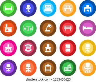 Round color solid flat icon set - cafe vector, bed, office chair, bench, fireplace, desk lamp, bedroom, children room, alcove, fridge