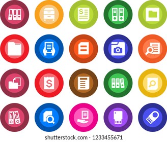 Round color solid flat icon set - office binder vector, document search, receipt, folder, photo gallery, paper, archive box, usb flash