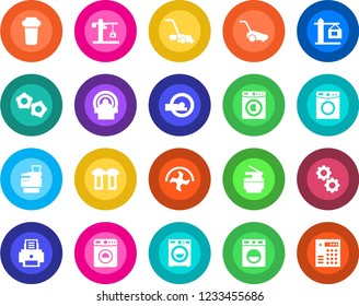 Round color solid flat icon set - washer vector, gear, ripper, lawn mower, tomography, printer, copier, crane, water filter, combination lock