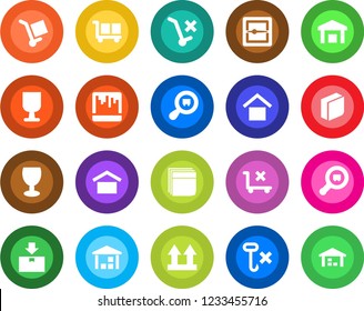 Round color solid flat icon set - fragile vector, cargo, warehouse storage, up side sign, no trolley, hook, package, search, scanner, blank box