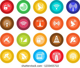 Round color solid flat icon set - antenna vector, wireless notebook, border cone, radar, satellite, mute, cellular signal, lock