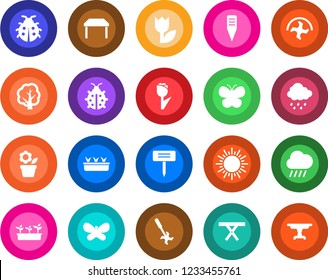 Round color solid flat icon set - sun vector, flower in pot, ripper, tree, butterfly, lady bug, seedling, rain, plant label, picnic table, tulip
