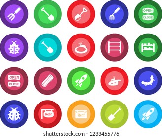 Round color solid flat icon set - job vector, garden fork, shovel, lady bug, caterpillar, pond, rack, rent, bacon, open close, rocket