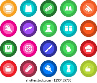 Round color solid flat icon set - cook vector, cafe, hat, menu, bacon, salt and pepper, ham, bowl, rolling pin, cutting board, knife, steaming pan