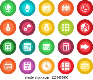 Round color solid flat icon set - right arrow vector, calendar, circle chart, microphone, menu, calculator, phone, home message, money bag