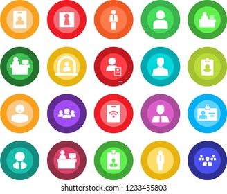 Round color solid flat icon set - female vector, reception, manager, identity card, place, patient, user, desk, estate agent, pass, group