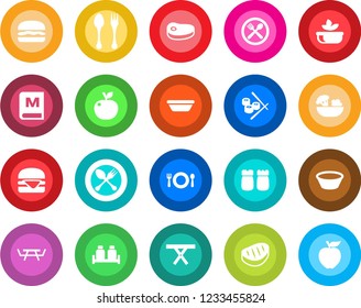 Round color solid flat icon set - spoon and fork vector, picnic table, cafe, menu, salad, salt pepper, steak, hamburger, bowl, sushi, apple fruit