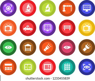 Round color solid flat icon set - barrier vector, alarm car, seat map, bench, monitor pulse, microscope, eye, torch, plan, tv, alcove, scan
