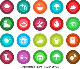 Round color solid flat icon set - watering can vector, bucket, boot, water drop, rain, pond, sea shipping, port, umbrella, warehouse, bathroom, irrigation, heater