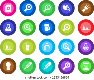 Round color solid flat icon set - bulb vector, thermometer, heart diagnostic, search cargo, torch, document, water supply, client, alcohol, phyto bar, beer, consumer, money, flask, sand clock