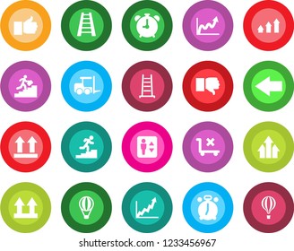Round color solid flat icon set - elevator vector, alarm clock, left arrow, fork loader, ladder, up side sign, no trolley, finger, down, career, graph, growth, air balloon