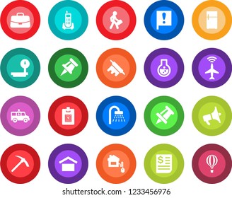 Round color solid flat icon set - plane radar vector, shower, case, drawing pin, ambulance car, important flag, office phone, receipt, warehouse storage, heavy scales, loudspeaker, identity card
