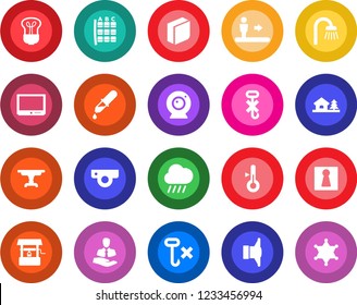 Round color solid flat icon set - escalator vector, female, seat map, rain, well, dropper, client, no hook, speaker, tv, blank box, house with tree, table, bathroom, web camera, thermometer, bulb