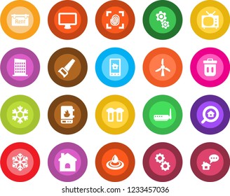 Round color solid flat icon set - saw vector, house, monitor, rent, estate search, tv, city, fingerprint, water heater, router, snowflake, home control app, gear, filter, trash bin, windmill