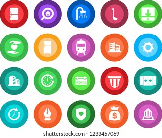 Round color solid flat icon set - automatic door vector, train, shower, pennant, money bag, sun, heart shield, hand, download, ink pen, rooms, office building, estate search, ladle, fridge, clock