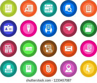 Round color solid flat icon set - identity vector, office binder, document search, contract, plant label, pin, receipt, folder, calendar, clipboard, paper clip, tray, stapler, restaurant, plane