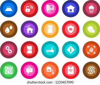 Round color solid flat icon set - mobile tracking vector, smart home, control, chip, eco house, fingerprint, wireless lock, router, intercome, gear, water, warm floor, outdoor lamp, protect, fridge
